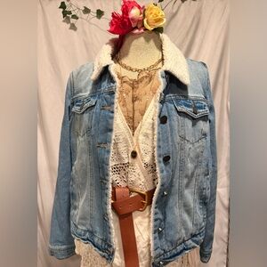 Jou Jou Blue Denim Jacket with White Sherpa Collar